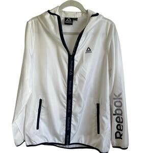 REEBOK Hooded Windbreaker Jacket New Women’s Size L White Navy Blue Activewear